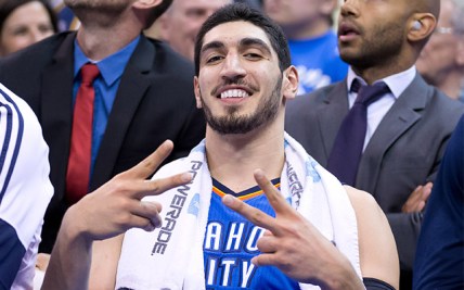 Mar 28, 2015; Salt Lake City, UT, USA; Oklahoma City Thunder center Enes Kanter (34) reacts from the bench area during the first half against the Utah Jazz at EnergySolutions Arena. Mandatory Credit: Russ Isabella-USA TODAY Sports